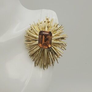 Celebrity Brooch Gold Amber Sunburst Brutalist Vintage Signed Statement Pin